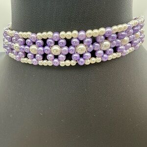 Vintage Purple Faux Pearl Beaded Choker Necklace Jewelry Pastel Flower Gift